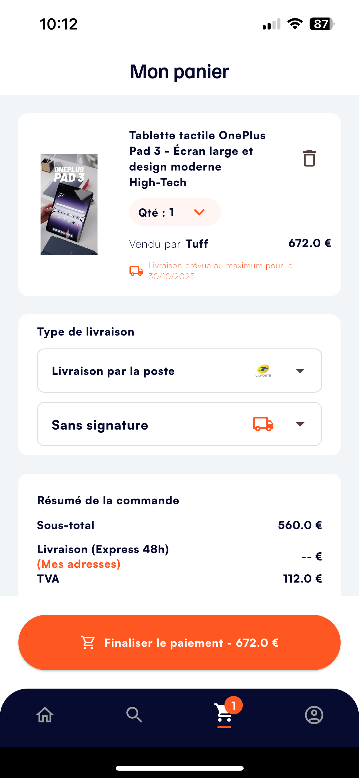 Panier particulier application ZibMarket - Interface de commande mobile